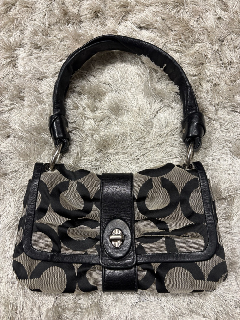 AS-IS Coach Black and Khaki Signature Canvas Shoulder Bag with Leather Trim